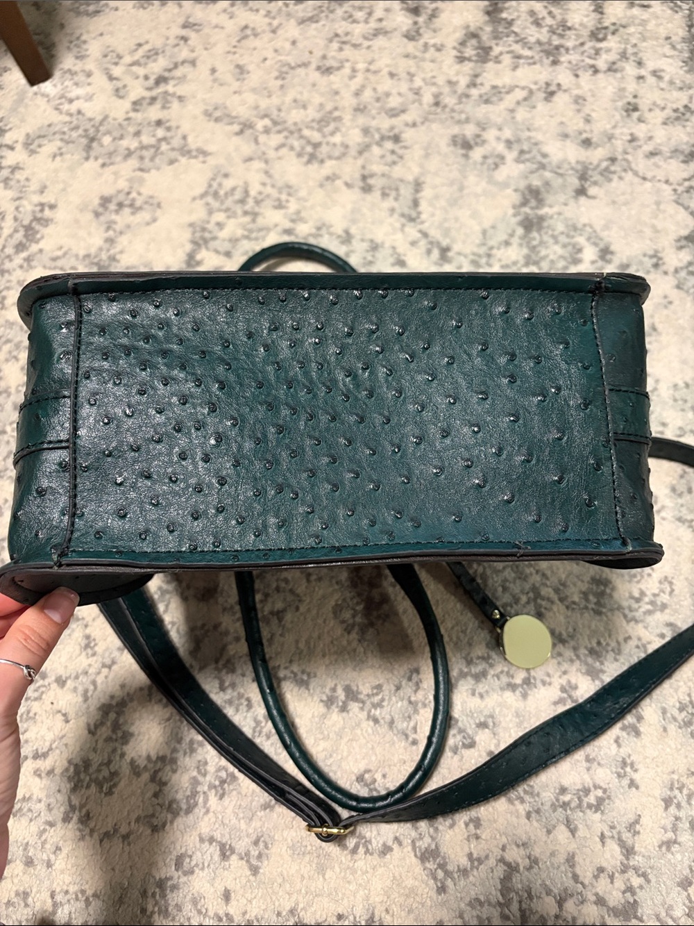 London Fog Dark Green Ostrich-Embossed Simulated Leather Satchel Handbag - Picture 9 of 12